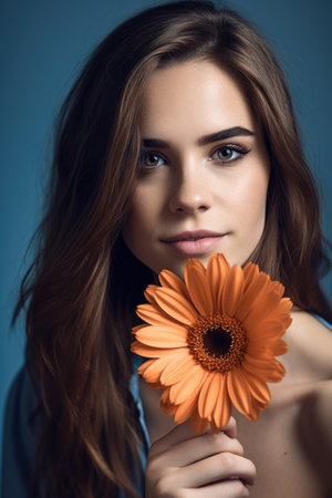 shot of a beautiful young woman holding up a flowerの素材