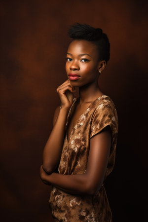 portrait of a beautiful young woman striking a pose against a brown backgroundの素材