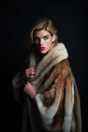 studio shot of a woman wearing an oversized fur coat and staring at the camera in amazementの素材