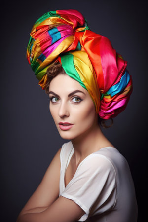 studio shot of a gorgeous woman wearing colorful head wearの素材