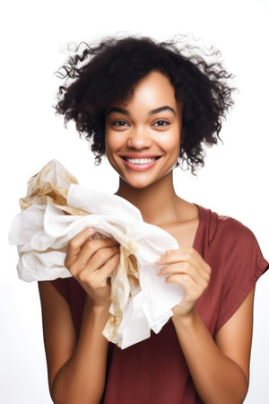 shot of a beautiful young woman holding up pieces of fabric against a white backgroundの素材