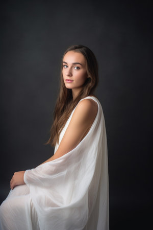 studio shot of an attractive young woman posing in a white gownの素材