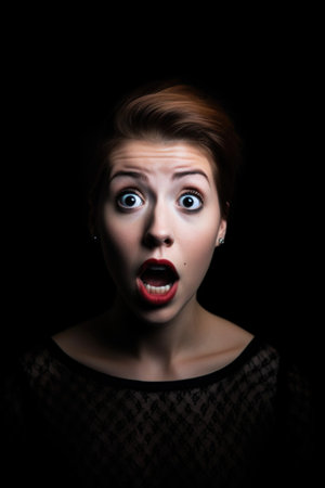 shot of an attractive young woman looking shocked against a black backgroundの素材