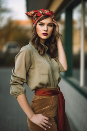 a beautiful young woman in a fashionable outfitの素材