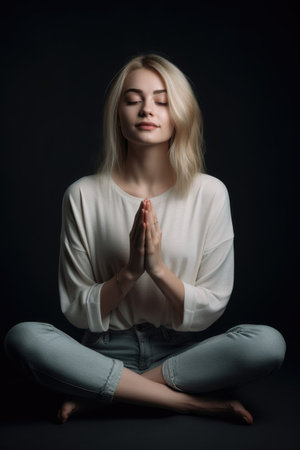 shot of a pretty blonde woman sitting on her handsの素材