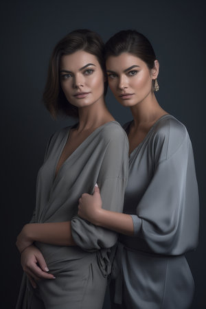 two fashion models on a grey background with copy spaceの素材