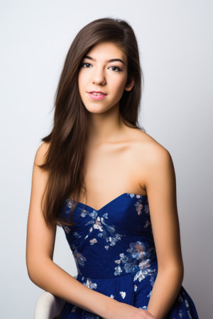 a gorgeous young woman in a blue dress posing against a white backgroundの素材