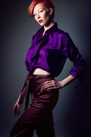 purple, creative and i love fashion with a female model in a studio with hand on hip for style and chicの素材