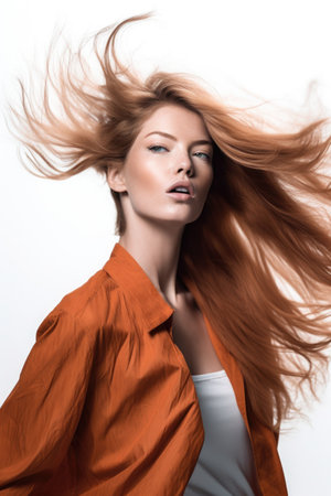composite shot of a fashion model with wind in her hair against a white backgroundの素材