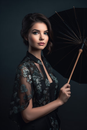 studio portrait of a beautiful young woman posing with an umbrellaの素材