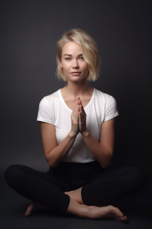 shot of a pretty blonde woman sitting on her handsの素材