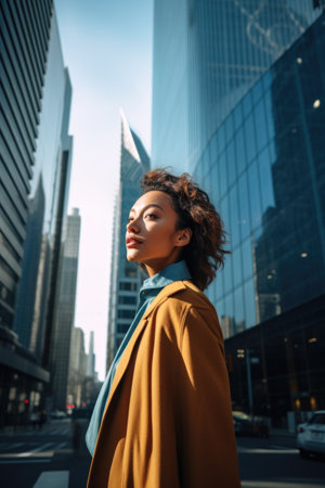shot of a beautiful young woman walking along in between the skyscrapersの素材