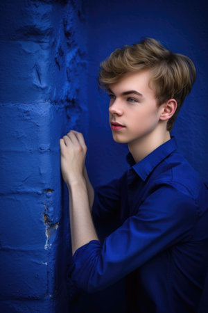 a confident young man leaning against a cobalt blue wallの素材