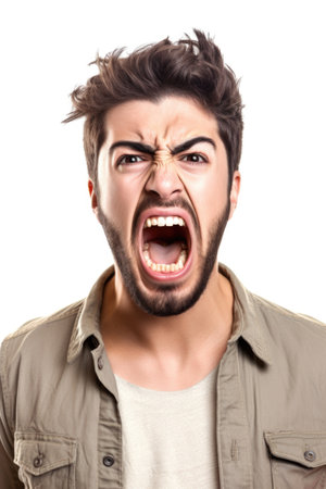 studio shot of a young man shouting at you isolated on whiteの素材