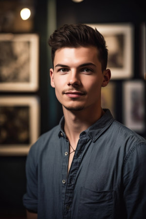 portrait of a handsome young man posing in front of his galleryの素材