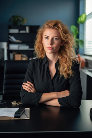 portrait of a confident young woman sitting atop her office deskの素材