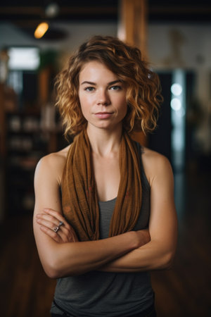 portrait of a young woman standing with her arms crossed in a yoga studioの素材