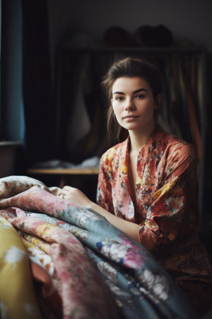 portrait of a young designer working with fabrics in her workshopの素材