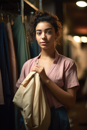 cropped shot of a young fashion designer holding garments inside her workshopの素材