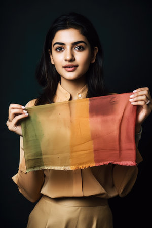 shot of a young woman holding up a swatch of fabricの素材