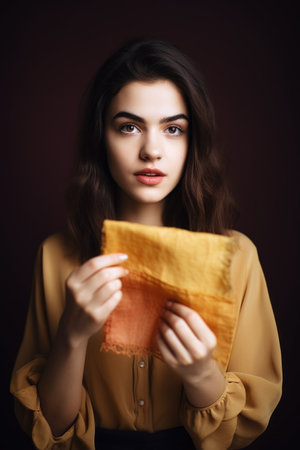 shot of a young woman holding up a swatch of fabricの素材