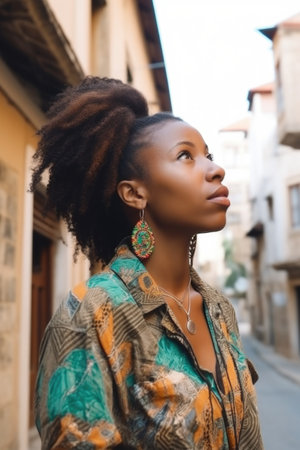 travel, thinking and black woman in city for vacation, adventure or trip to africaの素材
