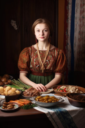 portrait of a young woman standing with her arms crossed beside a table covered in traditional foodの素材