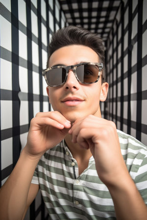 shot of a young man using polarized glasses to view an optical illusionの素材