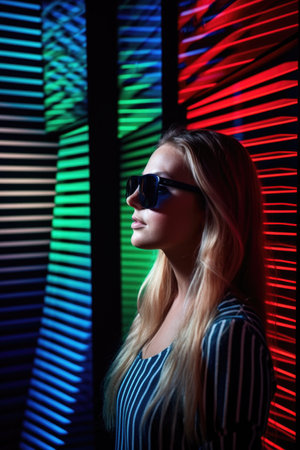 shot of a young woman looking at 3d glasses in an optical illusions exhibitの素材