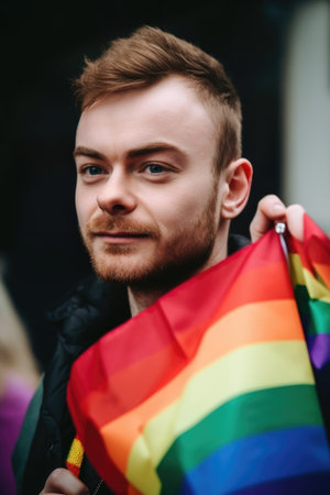 shot of a man holding a rainbow flag and wearing a buttonの素材