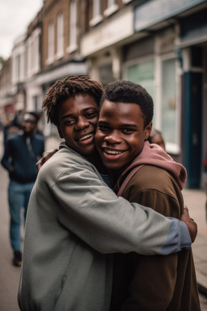 a young man being hugged by a friend out in the streetの素材