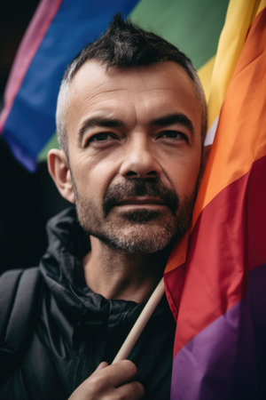 shot of a man holding a rainbow flag and wearing a buttonの素材