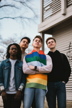 shot of a group of young men showing their support for lgbtq rights outsideの素材