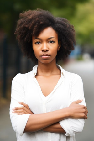 shot of a young woman standing with her arms crossed outsideの素材