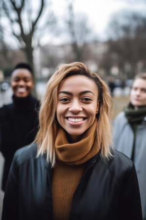 portrait of a smiling young woman standing outside with colleaguesの素材