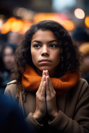 shot of a young woman with her hands over her mouth during a protest outsideの素材