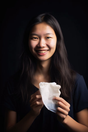 portrait of a young woman holding up her sanitary pad at an eventの素材