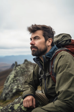 portrait of a hiker looking out over the rocky landscapeの素材