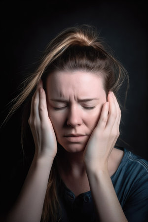 headache, brain fog or dizziness portrait of woman in studio for depression and mental healthの素材