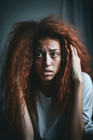 shot of a young woman experiencing mental health issuesの素材
