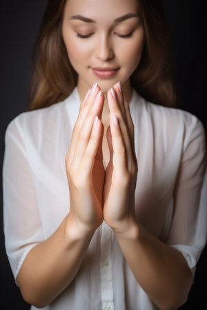 hands of cute woman with her hands opened and ready to receiveの素材