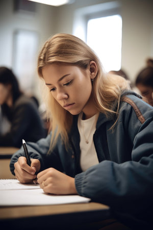 shot of a young female college student working on her homework in classの素材