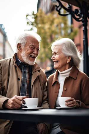 shot of a senior couple enjoying coffee outside togetherの素材