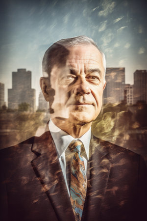 multiple exposure portrait of a businessman superimposed over a cityscapeの素材