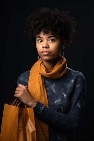 portrait of a confident young woman holding shopping bags against a studio backgroundの素材