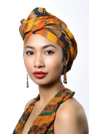 ethnic woman on white background with copy space and isolated on a bokehの素材