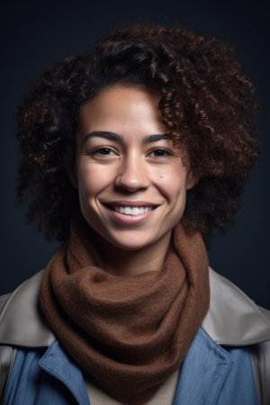 portrait of a happy mixed race woman standing in studio against a grey backgroundの素材