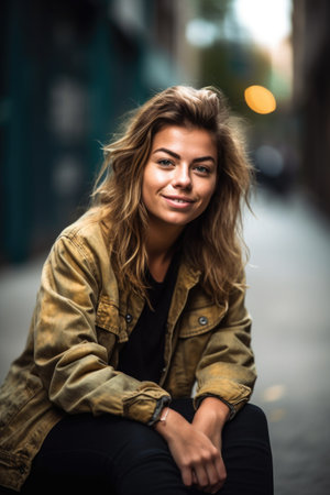 portrait of a happy and confident young woman sitting in an urban settingの素材
