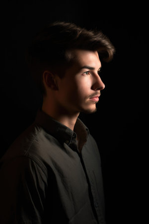 portrait of a handsome young man standing against a dark backgroundの素材