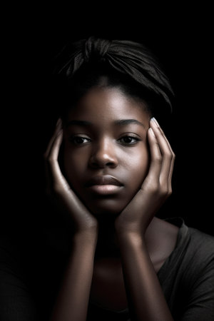 shot of a young woman with her hands on her headの素材